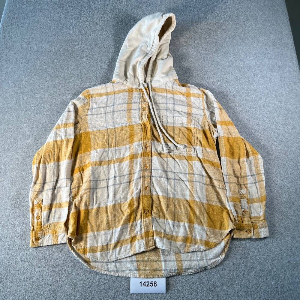 American Eagle Outfitters Flannel Hoodie Women Small Yellow Plaid Cotton Outdoor